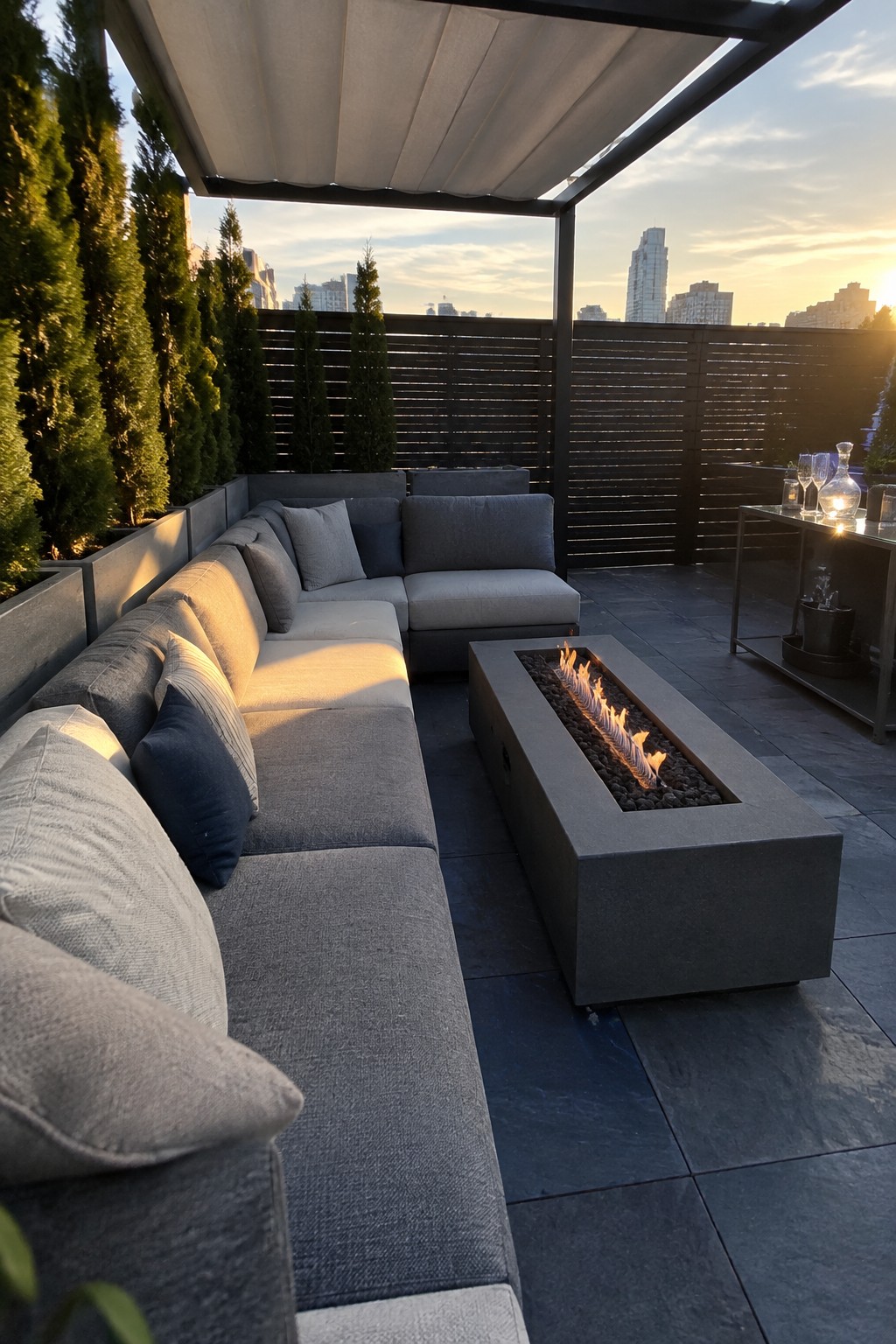 A rooftop terrace features an L-shaped sectional sofa arranged around a long fire pit, with tall evergreen trees planted along a dark slatted fence and a city skyline visible beyond.