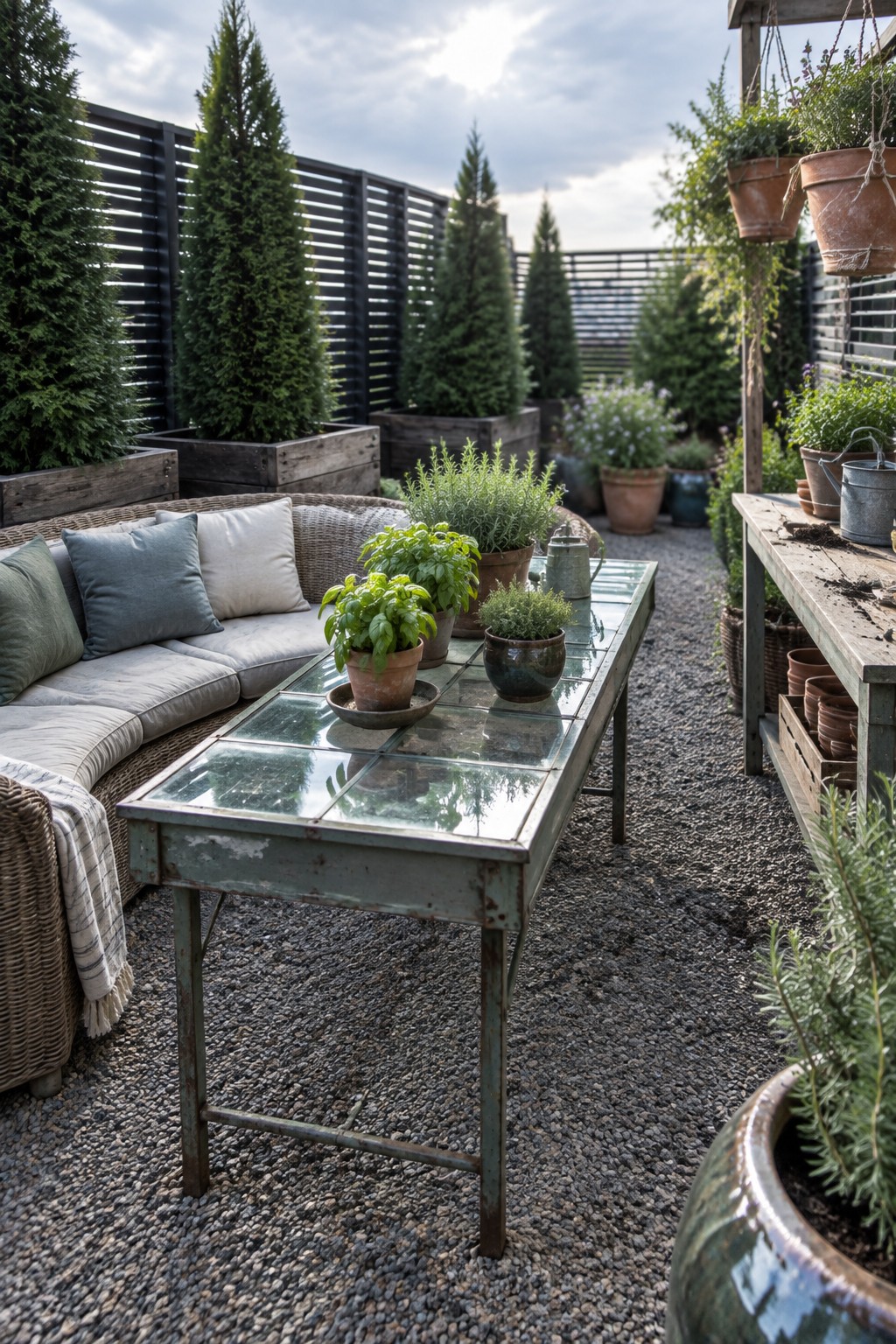 A rooftop terrace with a curved sofa, glass table holding potted herbs, gravel surface, and tall evergreen trees in wooden planters behind dark slatted screens.