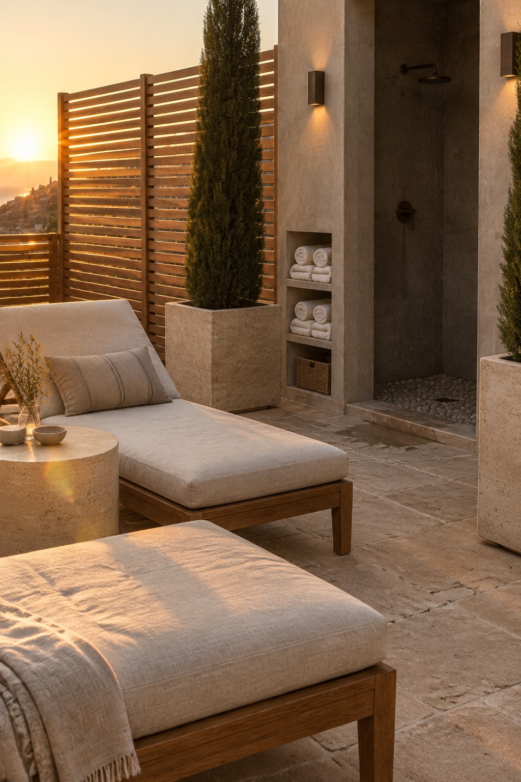 Luxurious stone patio with beige lounge chair, potted cypress, and open-air shower at sunset