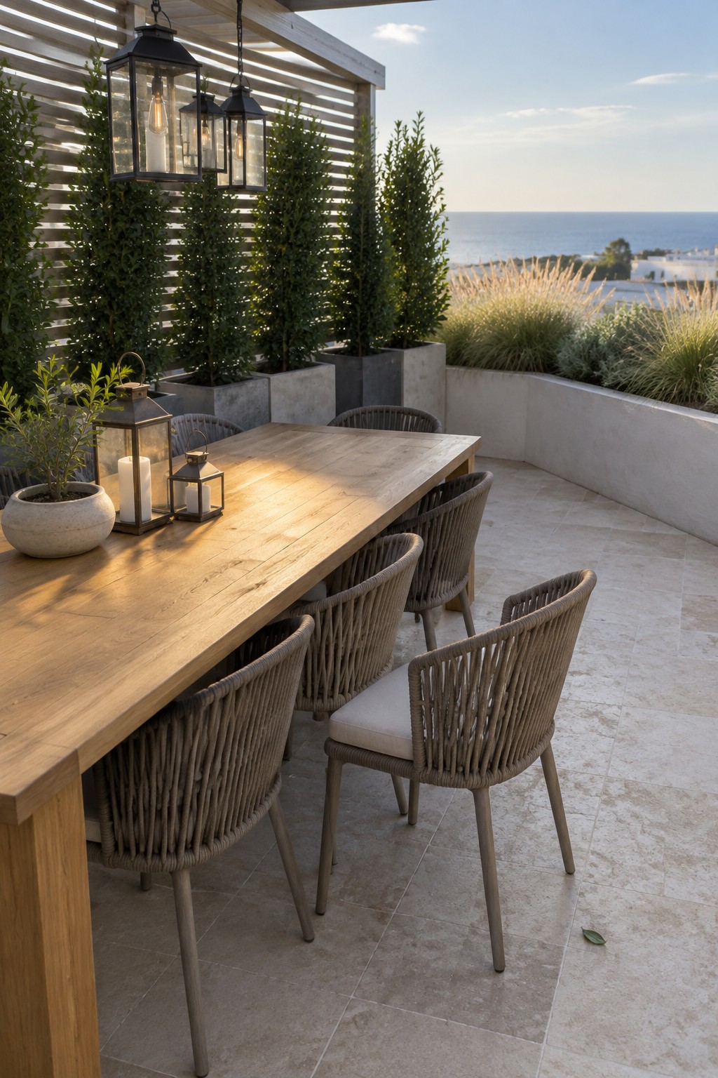 A rooftop terrace with a long wooden table, woven chairs, and several tall evergreen plants in concrete pots placed in front of a white slatted screen, overlooking the sea.