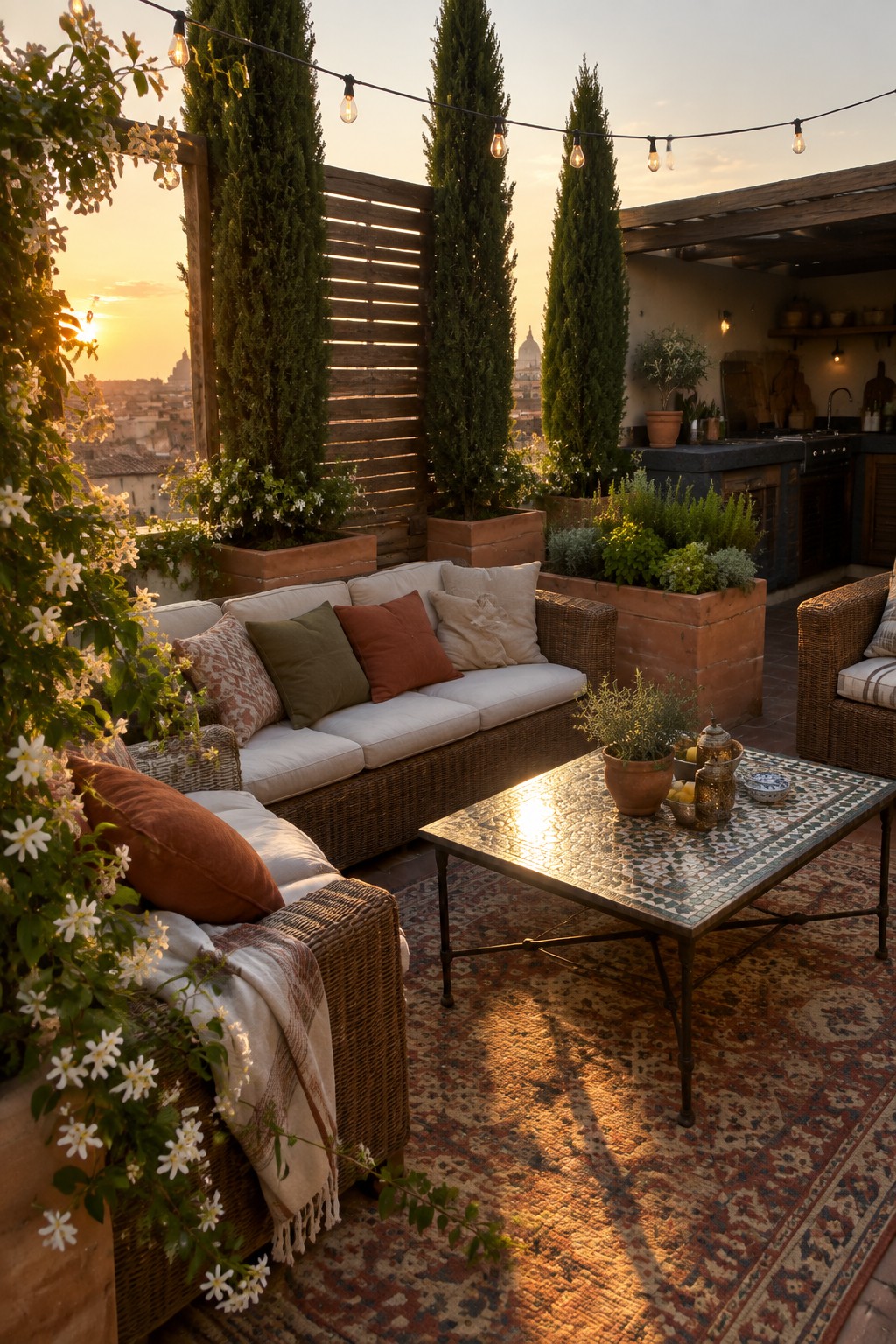 Rooftop patio with wicker sofa, mosaic table, rug, plants, and string lights at sunset