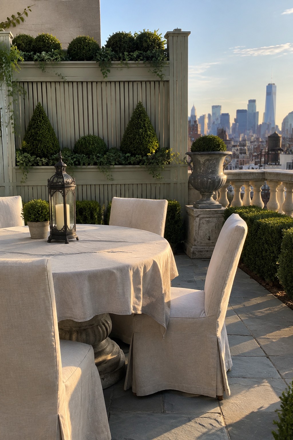 Rooftop terrace with round table and slipcovered chairs, black lantern, slatted wall with shrubs and topiaries, and city skyline in the background.