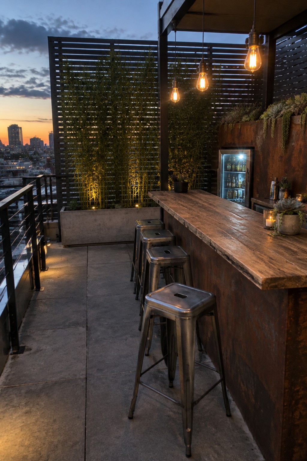 Rooftop bar with wooden counter, metal stools, hanging lights, plants, and city skyline