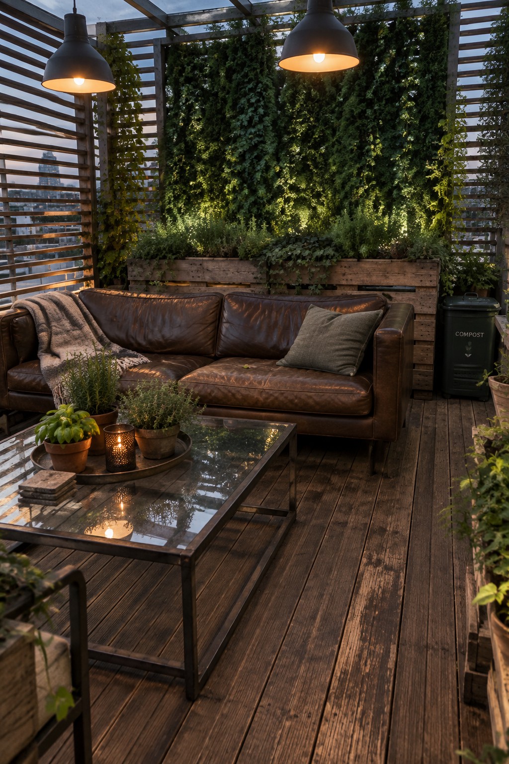 A rooftop deck with a brown leather sofa, glass coffee table, wooden slatted screens, and dense green planting along the back wall.
