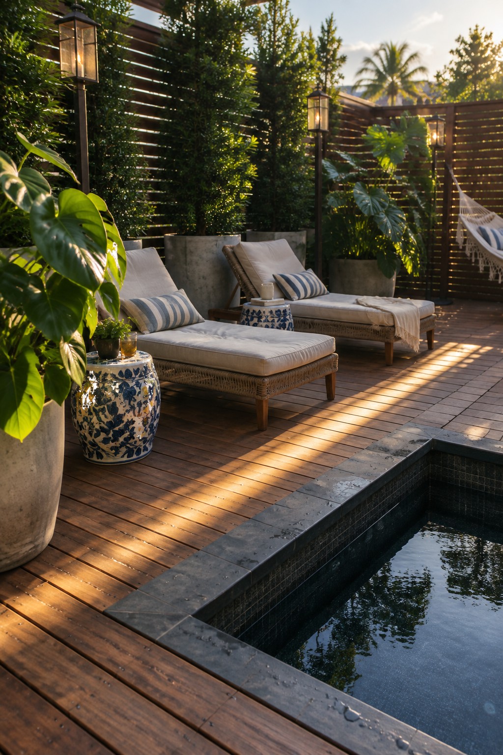 Sunlit wooden deck with lounge chairs beside pool, surrounded by plants and lanterns.