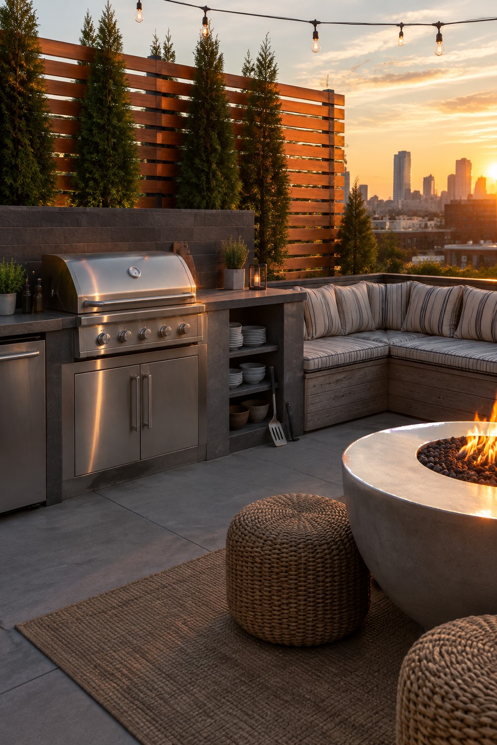 Rooftop terrace with stainless steel outdoor kitchen, built-in corner seating, round fire pit, woven stools, and wooden slatted screen backed by tall evergreen trees overlooking a city skyline at sunset.