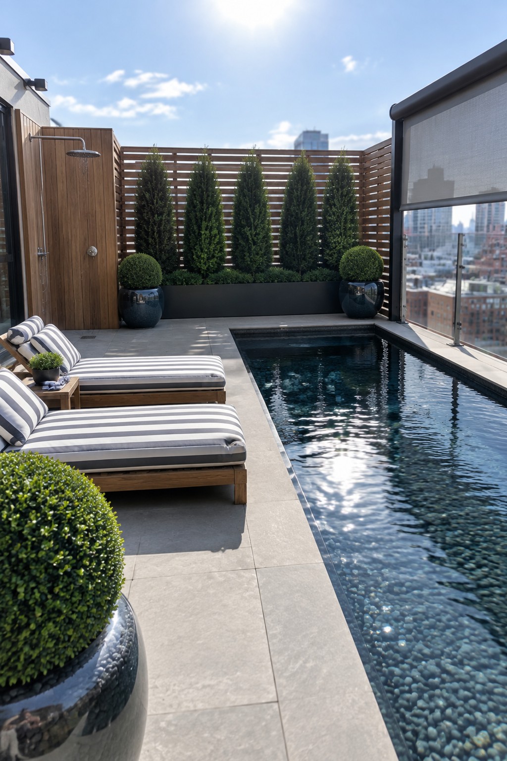 Rooftop terrace with infinity pool, striped lounge chairs, potted plants, and city skyline.