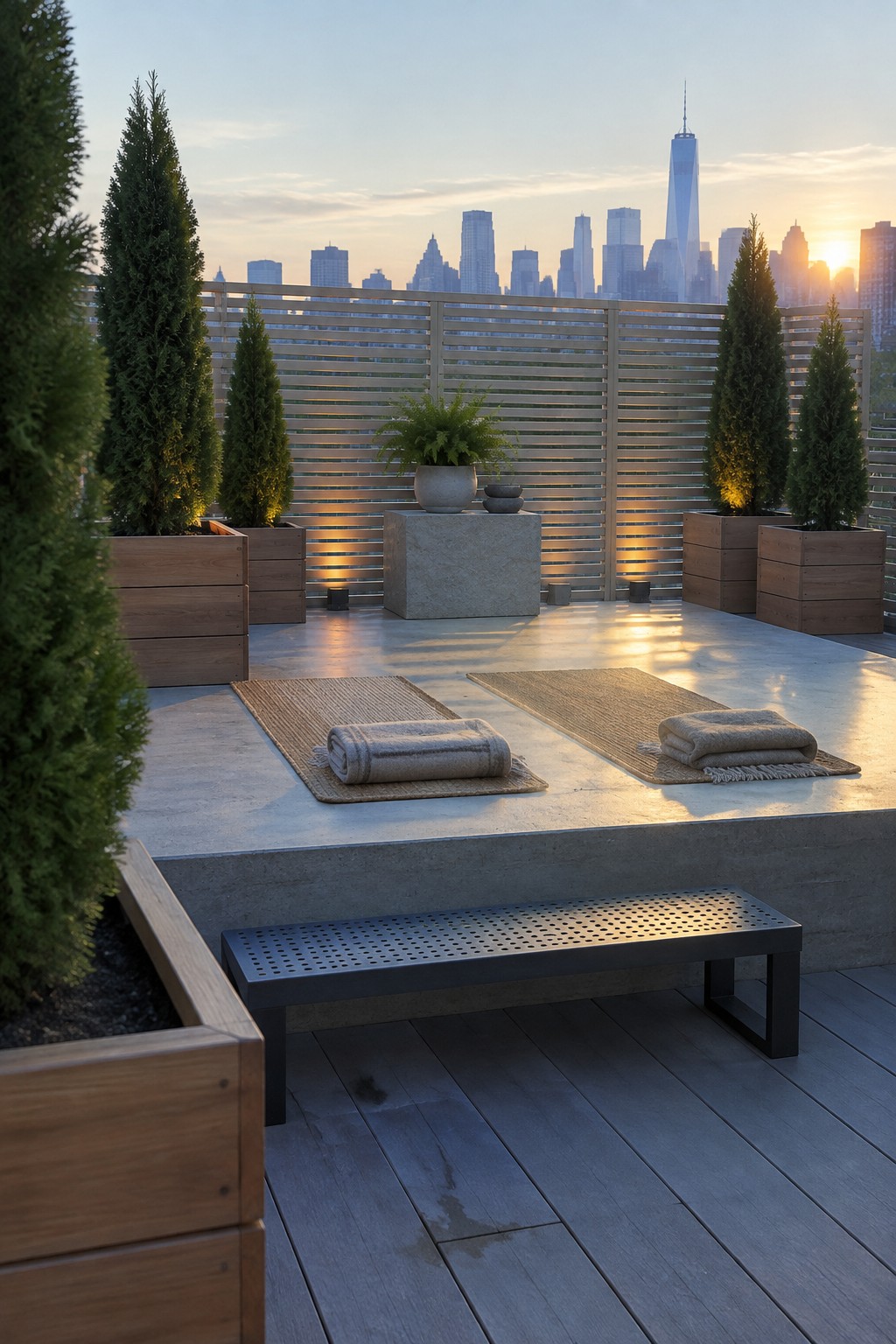 Rooftop terrace with yoga mats, towels, planters, and city skyline at sunset