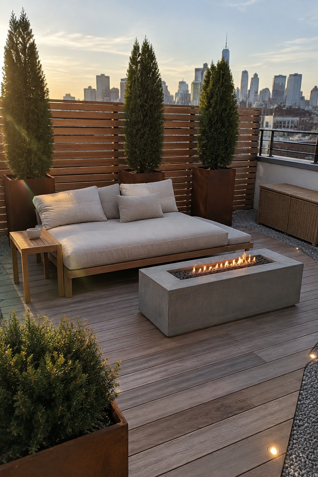 Rooftop deck with wooden slatted screen, tall evergreen trees in large planters, daybed, fire pit, and city skyline view.
