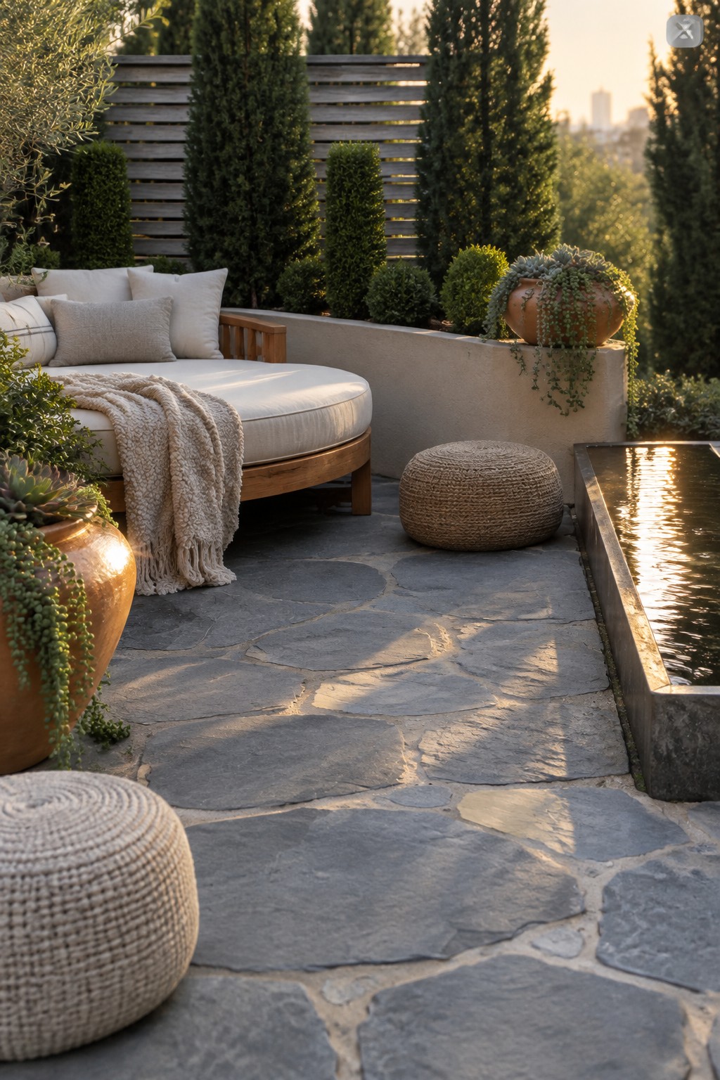 Serene stone patio with round daybed, woven poufs, terracotta pots, and water feature at sunset