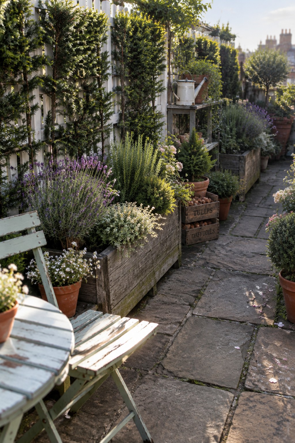 A stone path runs beside wooden planters filled with lavender and shrubs, with tall evergreen plants growing densely against a white picket fence.