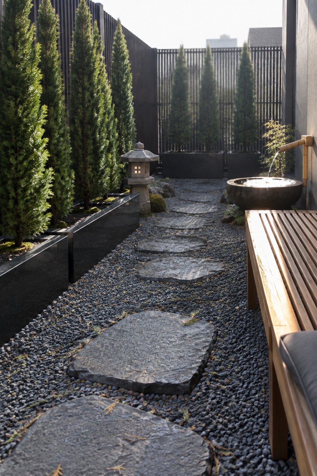 A narrow garden path of large stepping stones set in dark gravel, bordered by tall evergreen trees in raised beds and a tall slatted wooden fence in the background.