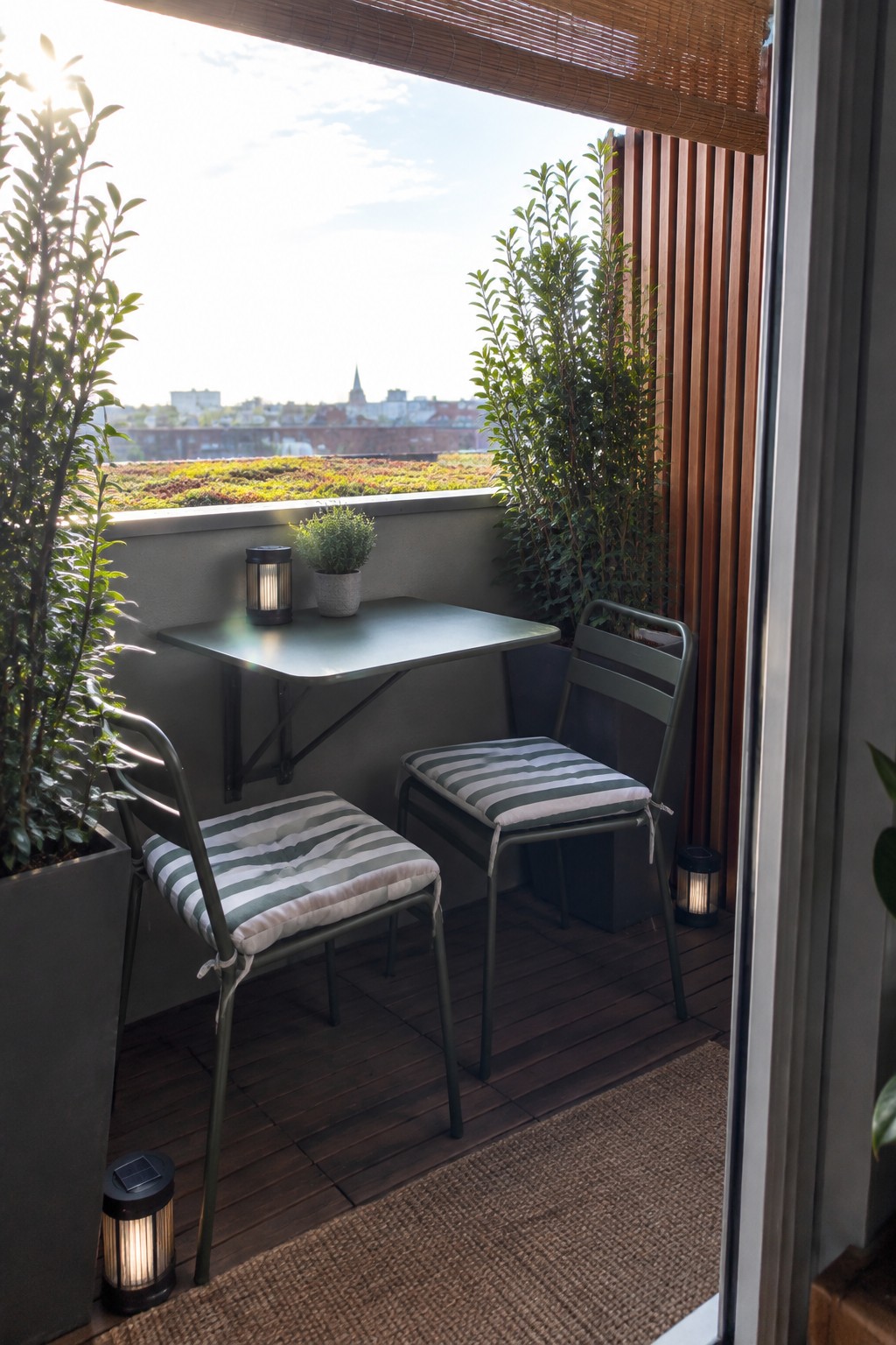 Balcony with green fold-down table, striped chairs, potted plants, and lanterns on deck