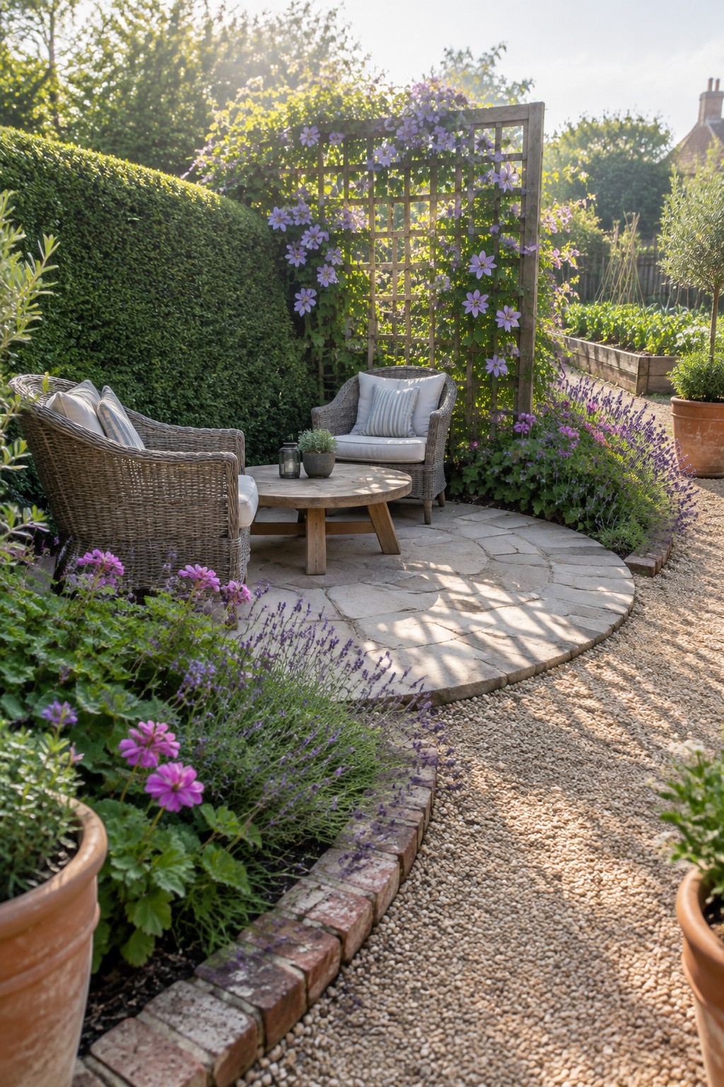 A stone patio seating area bordered by a tall green hedge on the left and a wooden trellis with purple climbing flowers on the right, with a gravel path in the foreground.