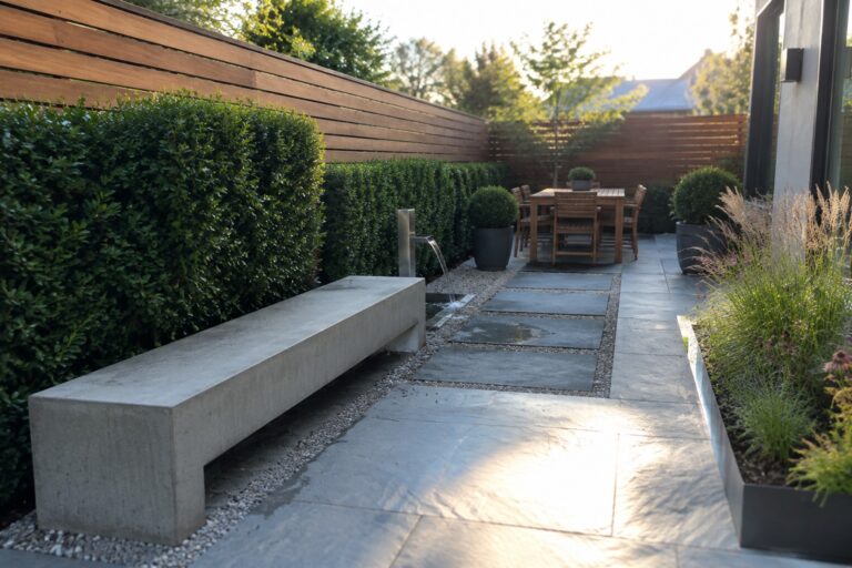 A backyard path of large gray concrete pavers with gravel borders runs between dense green hedges on the left and a row of stone stepping stones on the right, with a wooden dining table visible in the distance.