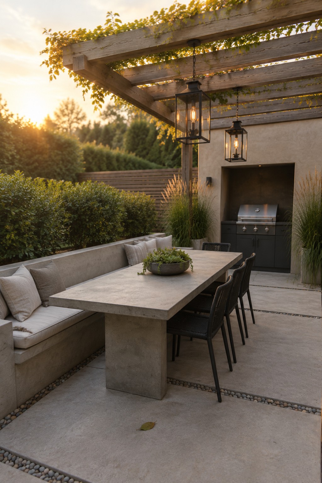Outdoor patio with concrete table, bench, woven chairs, lanterns under pergola at sunset
