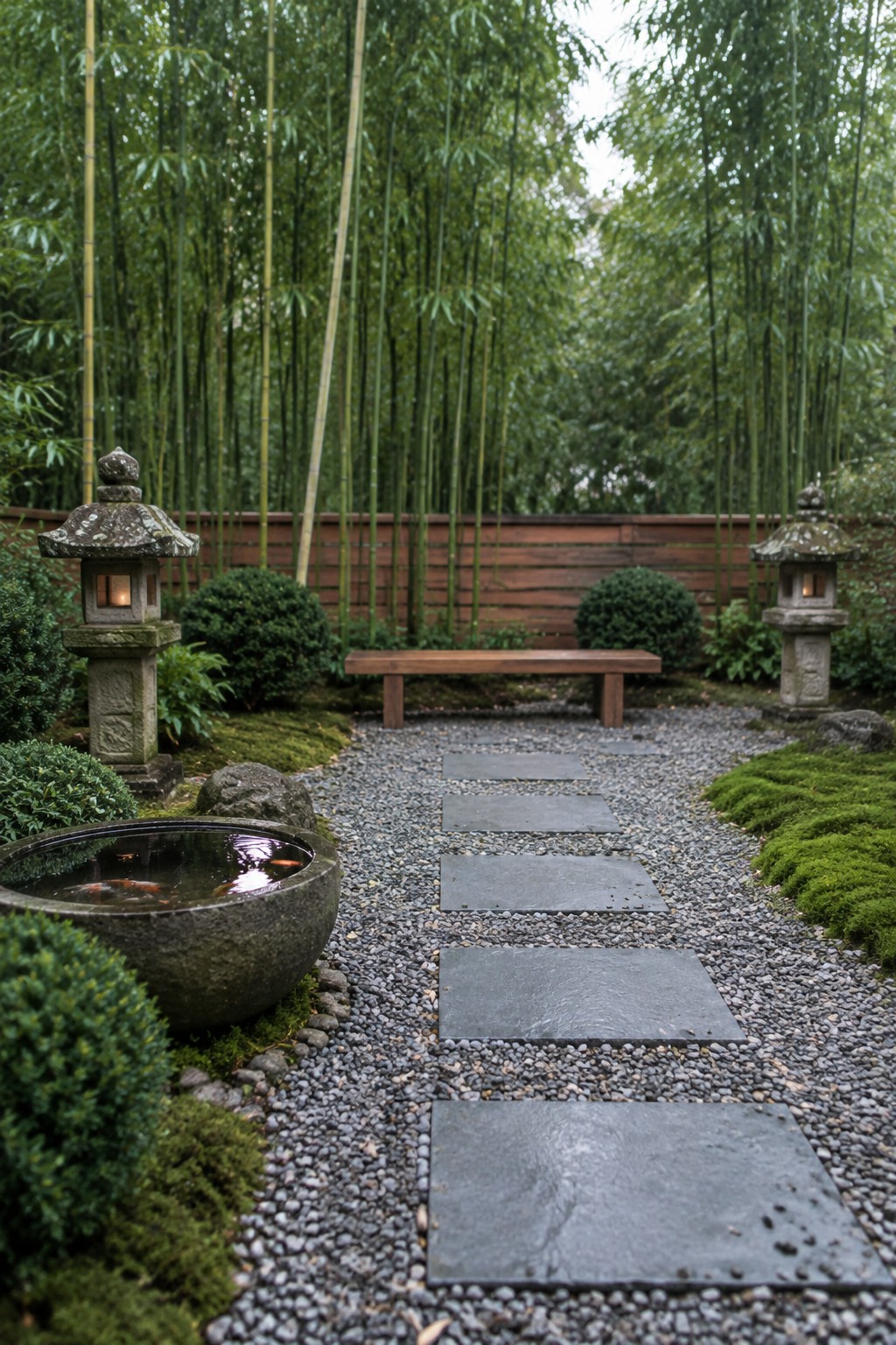 Zen garden path with koi pond, stone lanterns, stepping stones, and bamboo grove