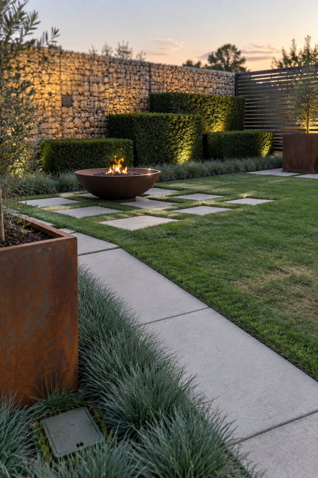 Modern garden with rusted fire pit, stepping stones, hedges and lit stone wall.