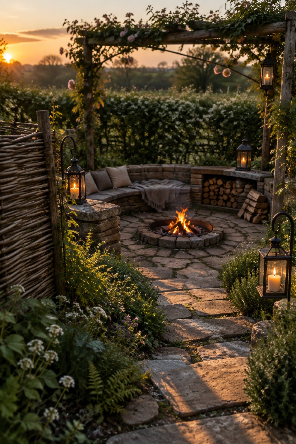 A stone fire pit sits in a paved backyard area surrounded by dense green hedges, a wooden pergola with pink roses, a curved stone bench, and several lit lanterns at dusk.