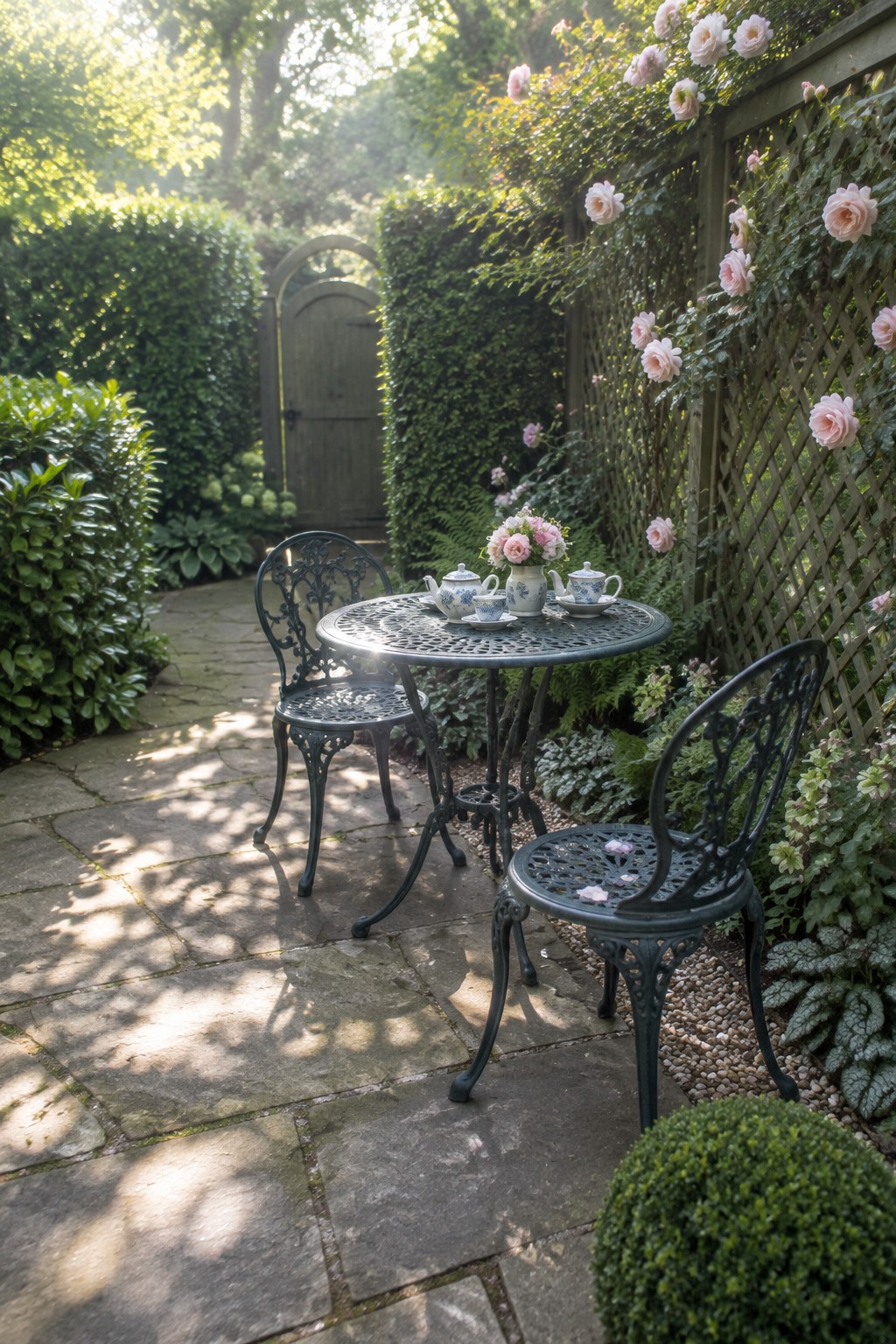 A round metal patio table with two ornate chairs set with a blue and white tea service and flowers, placed on stone pavers and enclosed by dense hedges and pink roses climbing a wooden lattice screen.