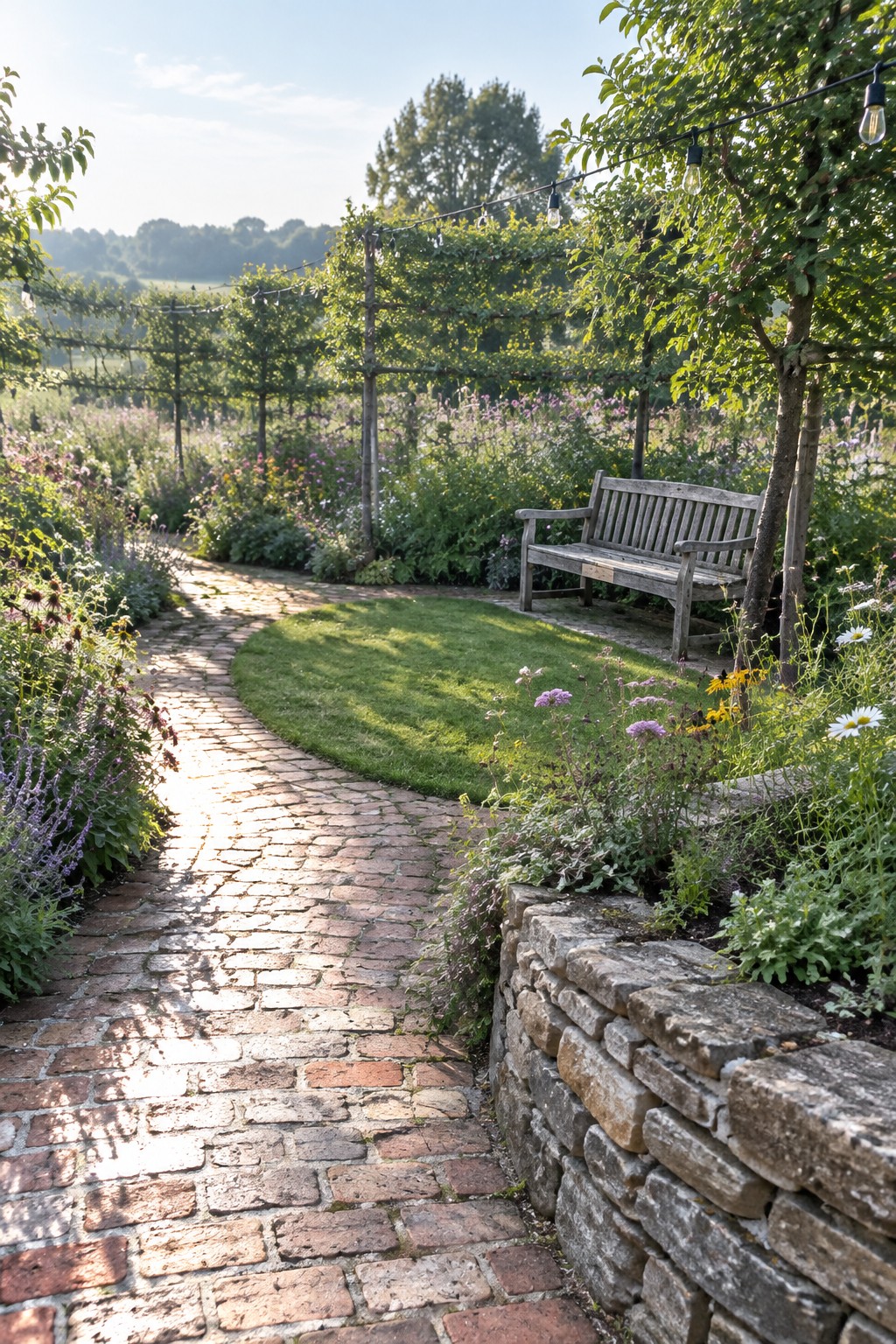A curving brick path leads through a garden with a wooden bench, stone retaining wall, string lights, and dense flowering plants bordered by vine-covered trellises.
