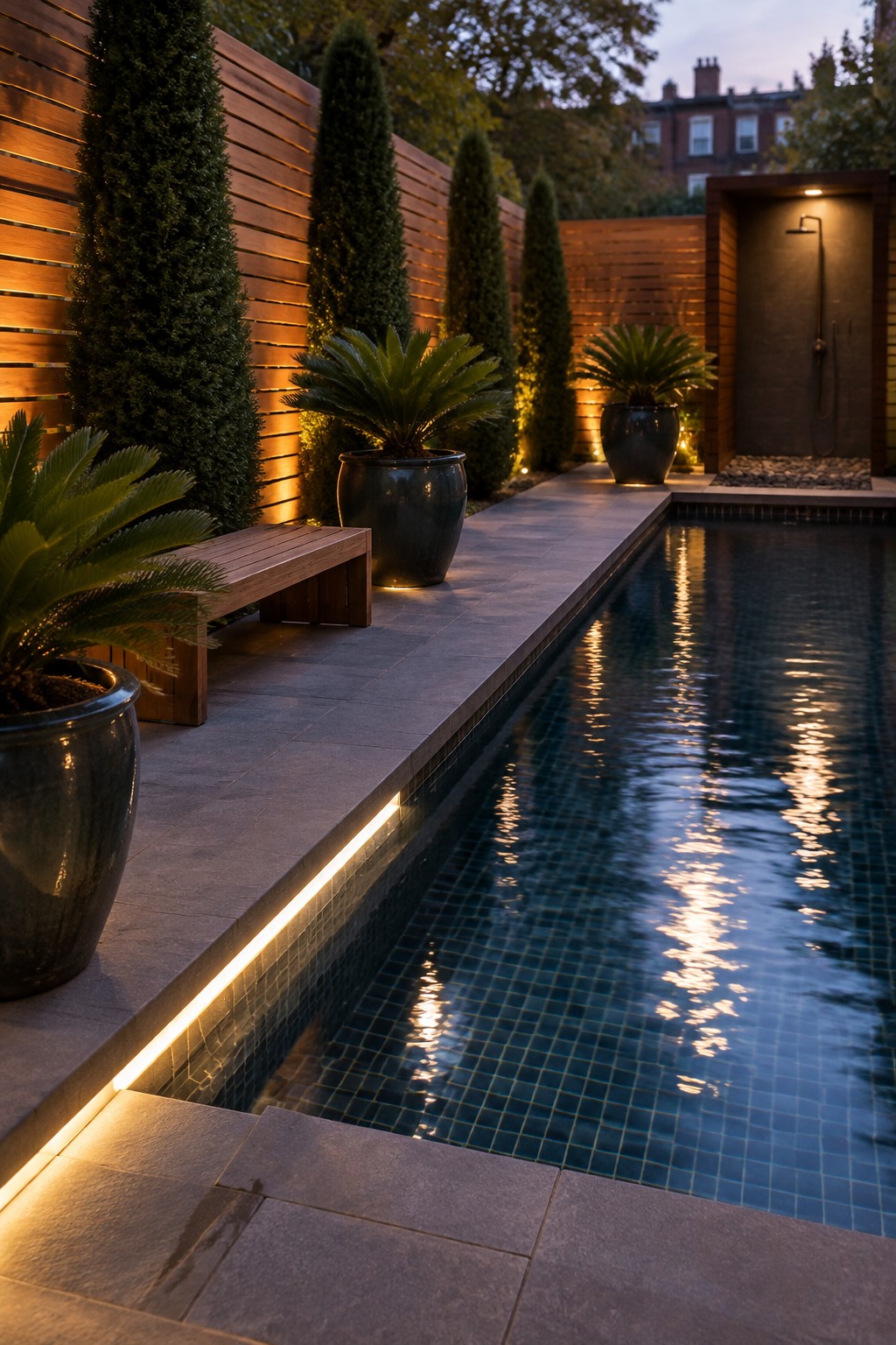A long narrow pool with dark tile lining, bordered by gray stone decking, tall conical evergreen hedges against a horizontal wood slat wall, and several large potted plants placed along the edge.
