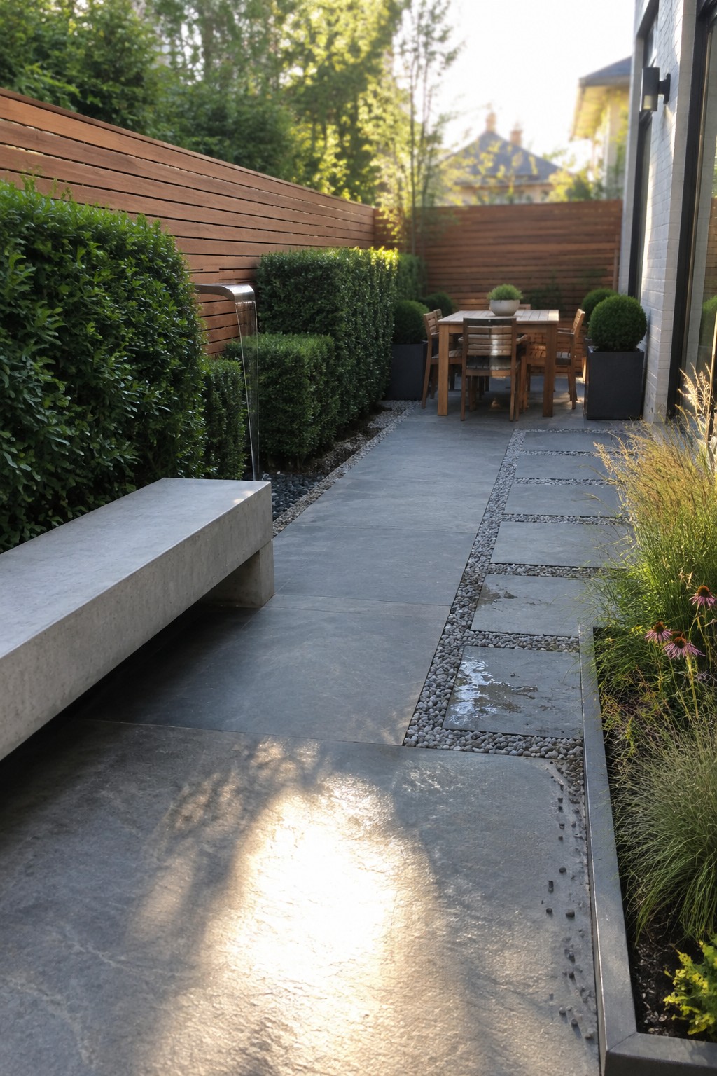 A backyard path of large gray concrete pavers with gravel borders runs between dense green hedges on the left and a row of stone stepping stones on the right, with a wooden dining table visible in the distance.