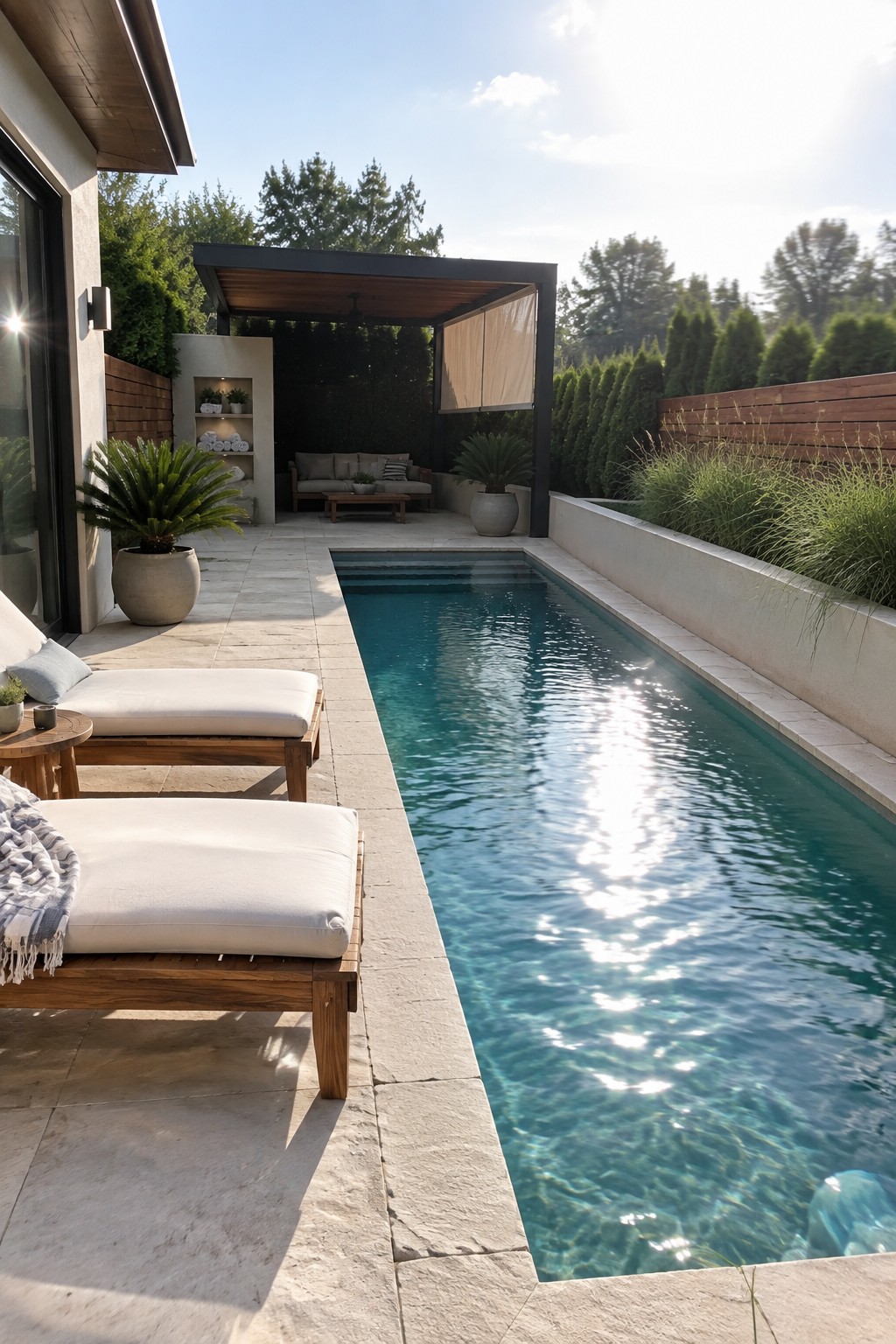 A long rectangular pool with stone coping, two white lounge chairs on the left side, tall hedges and ornamental grasses along the right and back edges, a covered seating area with a retractable screen, and potted plants near the house.