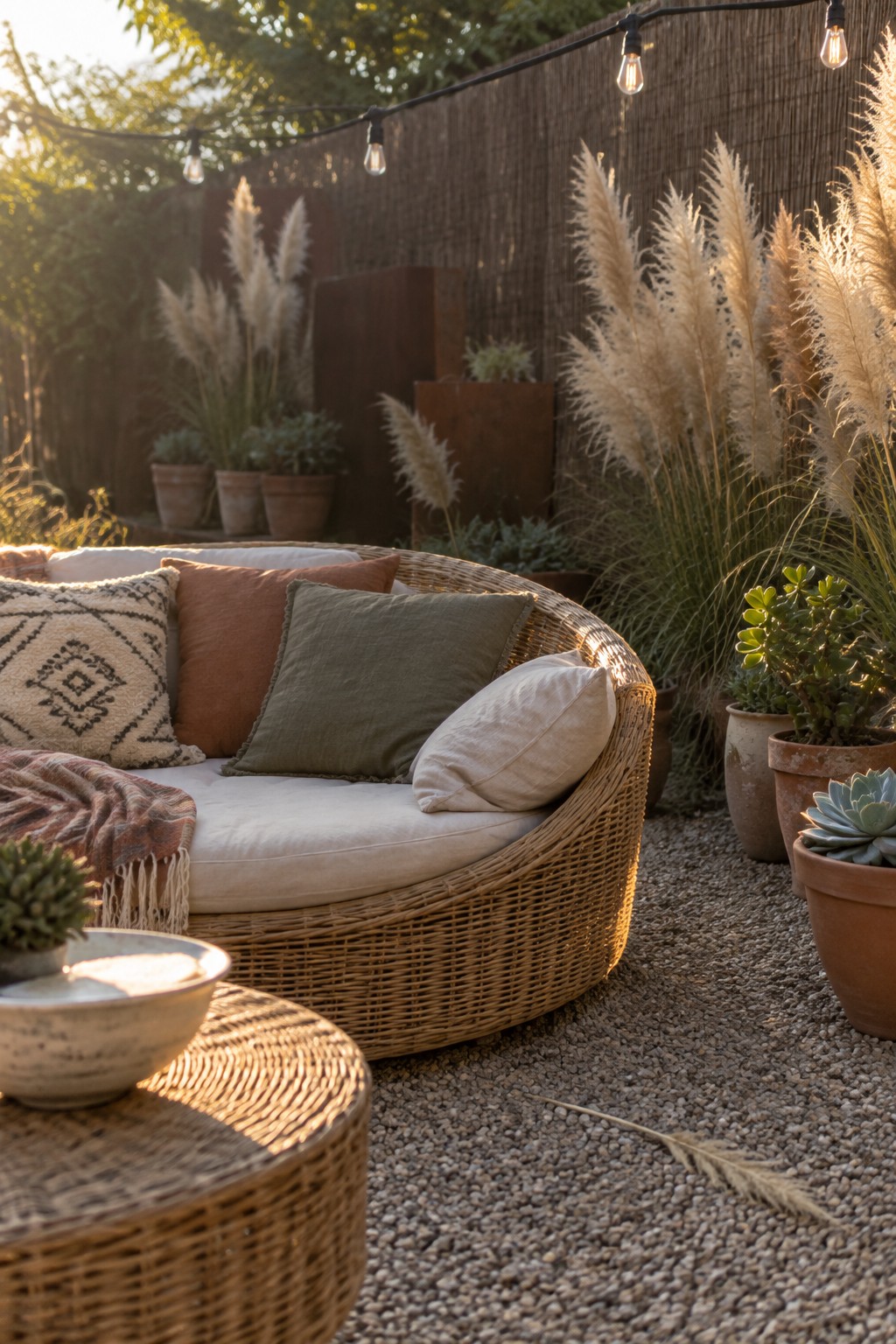 Round wicker sofa with pillows amid potted plants and string lights on gravel patio