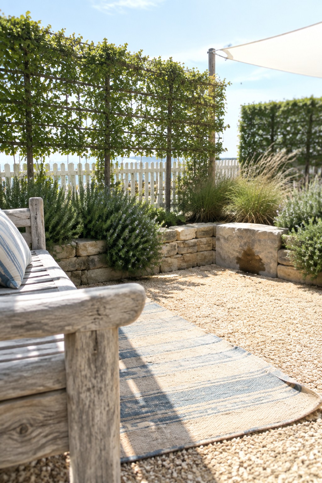 A wooden bench on gravel faces a low stone wall with dense shrubs and a tall wooden trellis covered in climbing green vines, with a white picket fence and sea visible in the background.