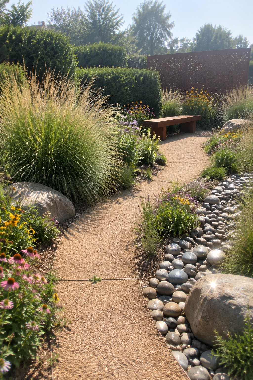 Garden path winds past flowers, grasses, rocks, bench and rusted wall