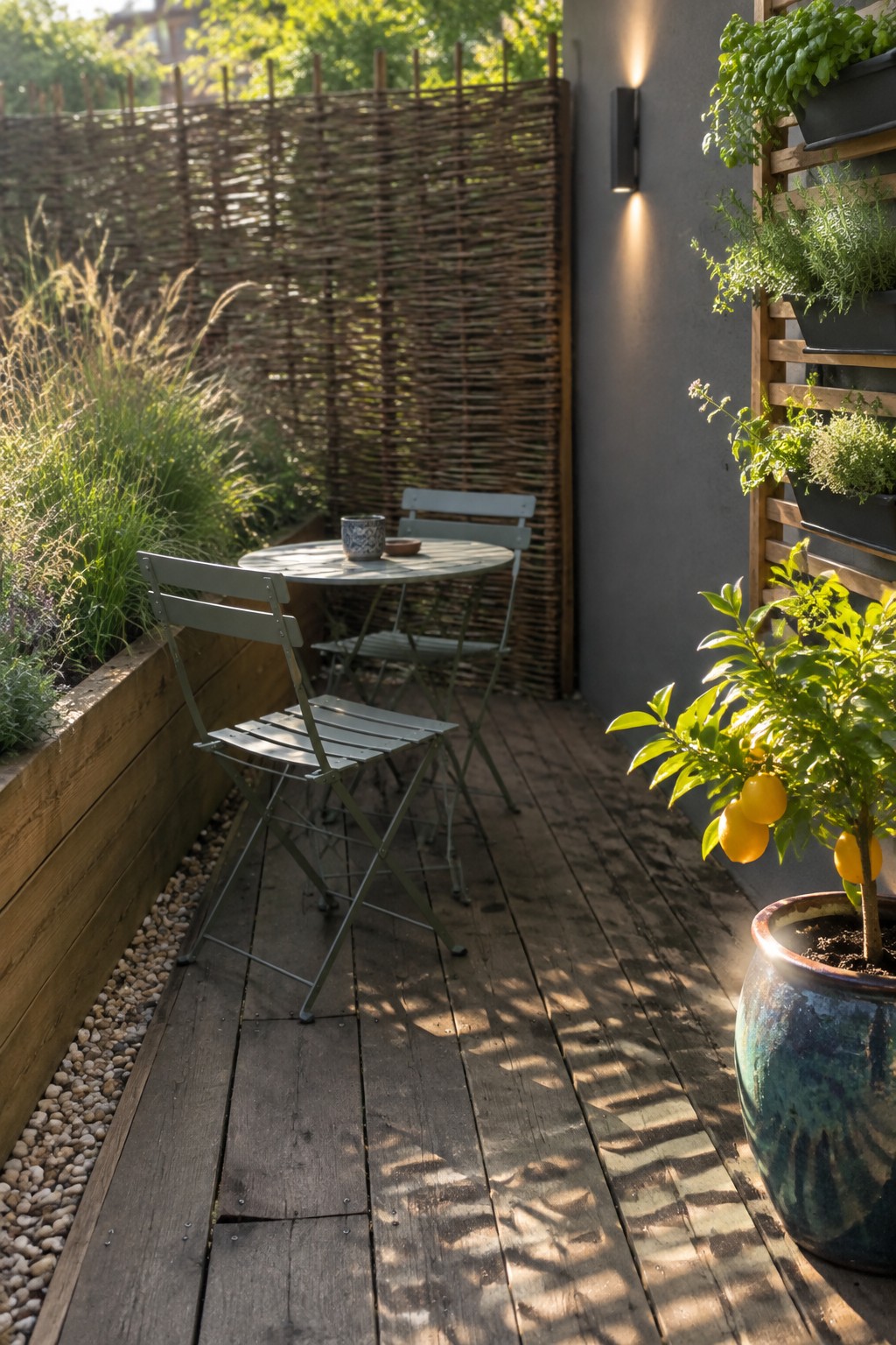 A wooden deck patio with two gray metal folding chairs and a round table, a tall woven reed privacy screen, raised wooden planters with greenery, and a large blue ceramic pot holding a lemon tree.
