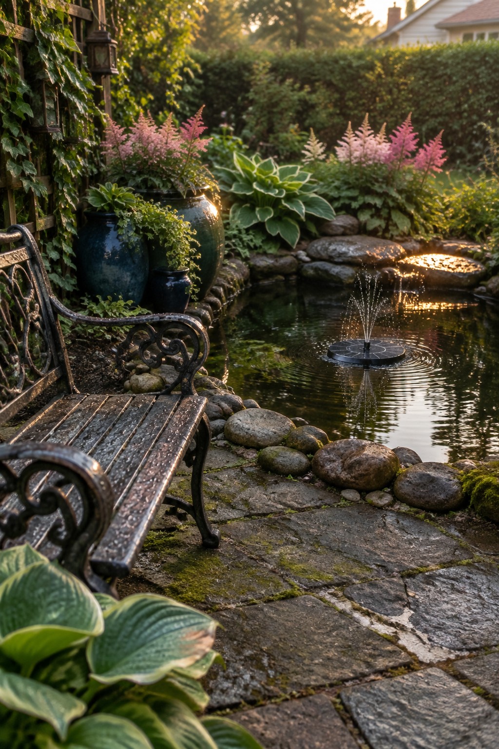 A small garden pond with a solar fountain, bordered by large stones and surrounded by hostas and pink astilbes, next to a metal bench on a stone path.