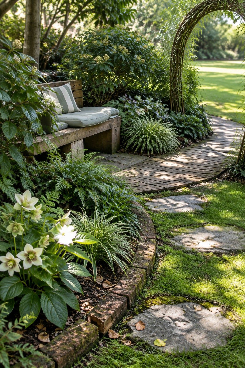 A wooden boardwalk curves past planting beds and connects to stone stepping stones on grass in a shaded garden.