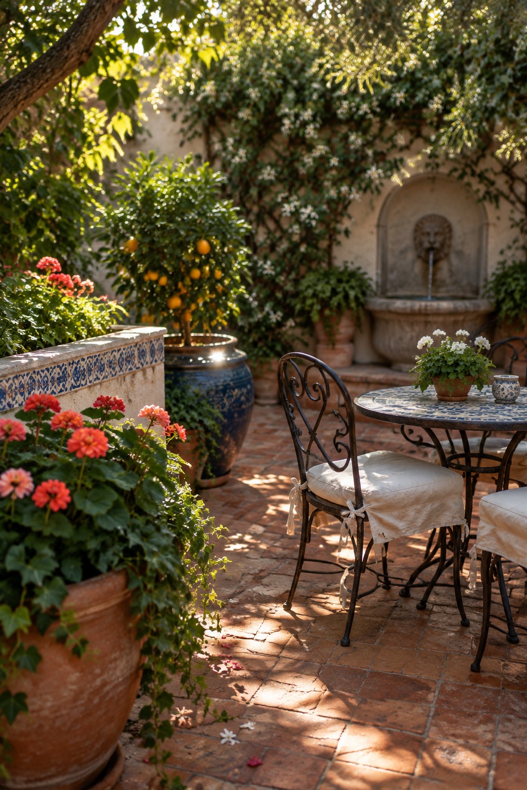 A shaded brick courtyard with a round table and chairs, large terracotta and ceramic pots holding flowers and a citrus tree, climbing vines on the walls, and a stone fountain in the background.