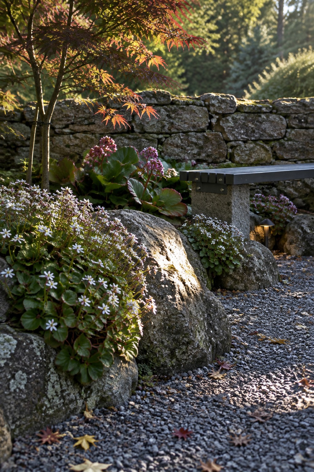 Stone bench amid boulders, white flowers, and red maple leaves by mossy wall.