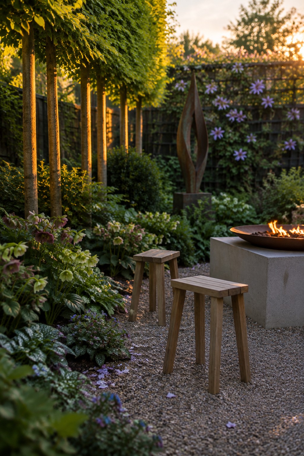 A gravel path runs through a shaded garden lined with tall trees, layered shade plants, and two wooden stools placed near a raised fire pit.