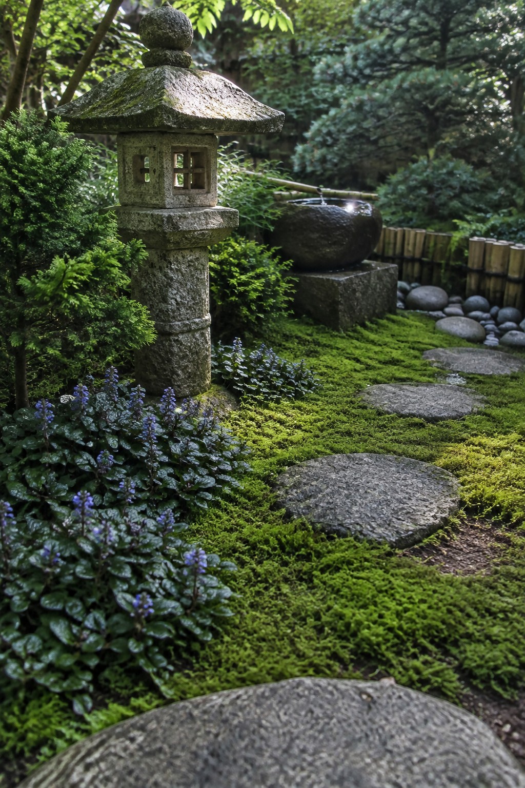 A shaded garden path made of round stepping stones set in thick green moss, with a stone lantern on the left, flowering plants, and a stone water basin in the background.