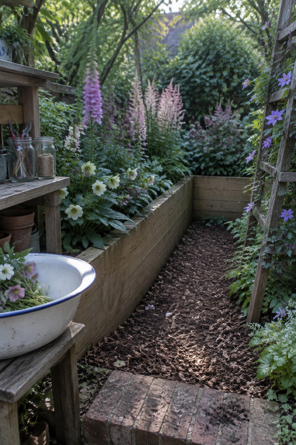 Lush garden path beside wooden beds of pink and white blooms with vine-covered ladder.