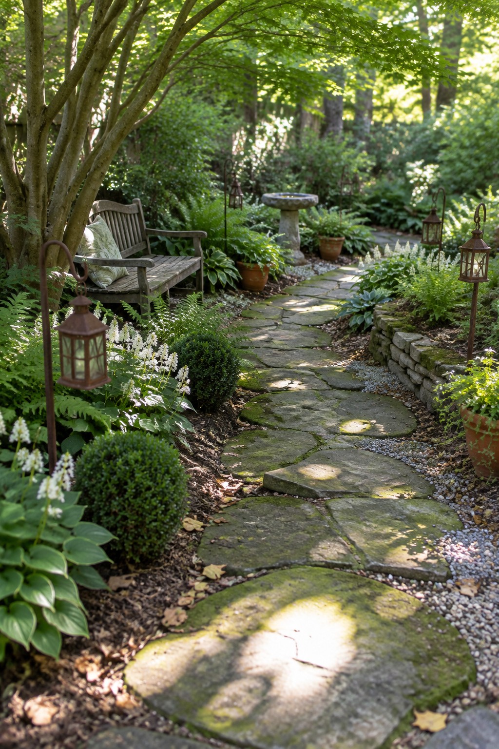 A winding mossy stone path curves through a shaded garden lined with ferns, hostas, shrubs, a wooden bench, and hanging lanterns.
