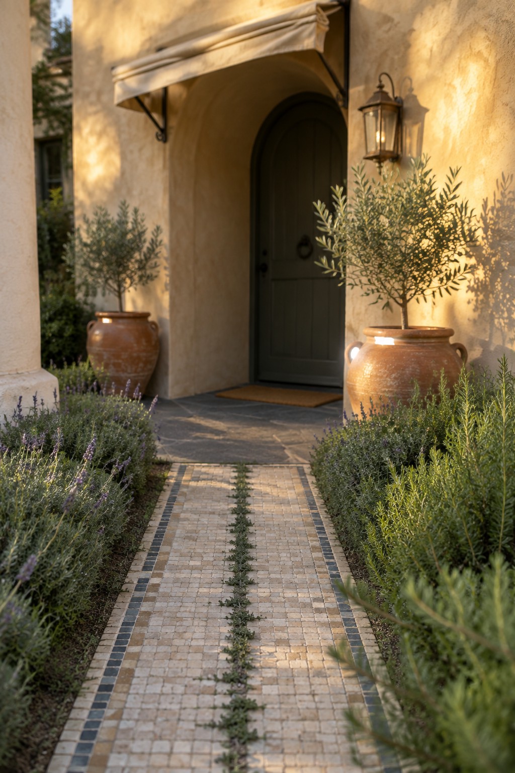 Sunlit mosaic path lined with lavender and rosemary leads to arched green door