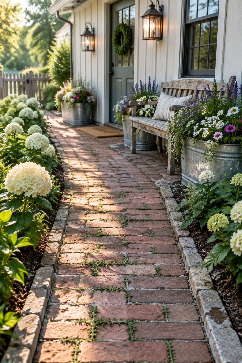 Brick path with white hydrangeas leads to wooden bench and green door
