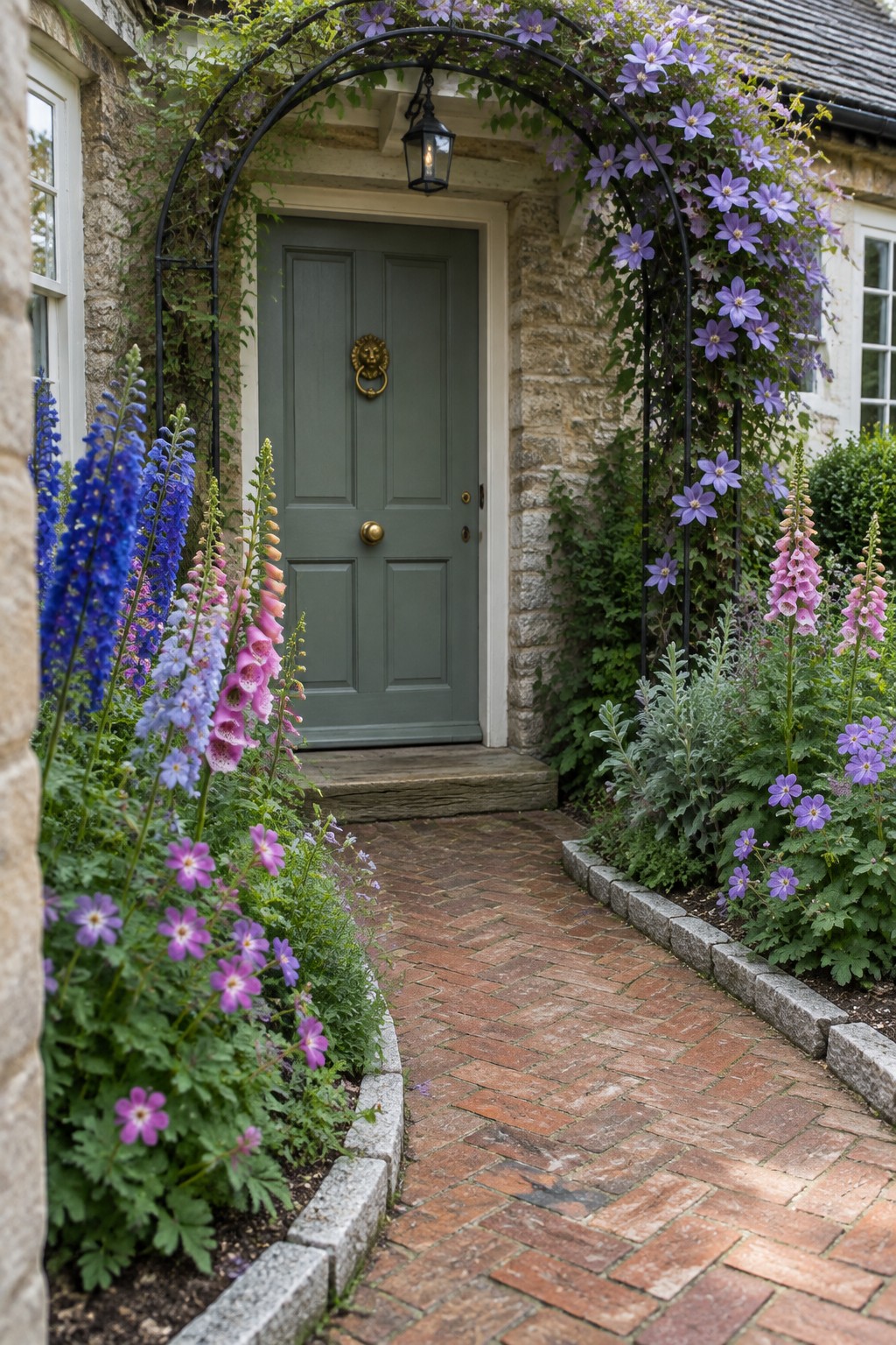 Stone cottage entrance with green door, purple-flowered arch, and brick path