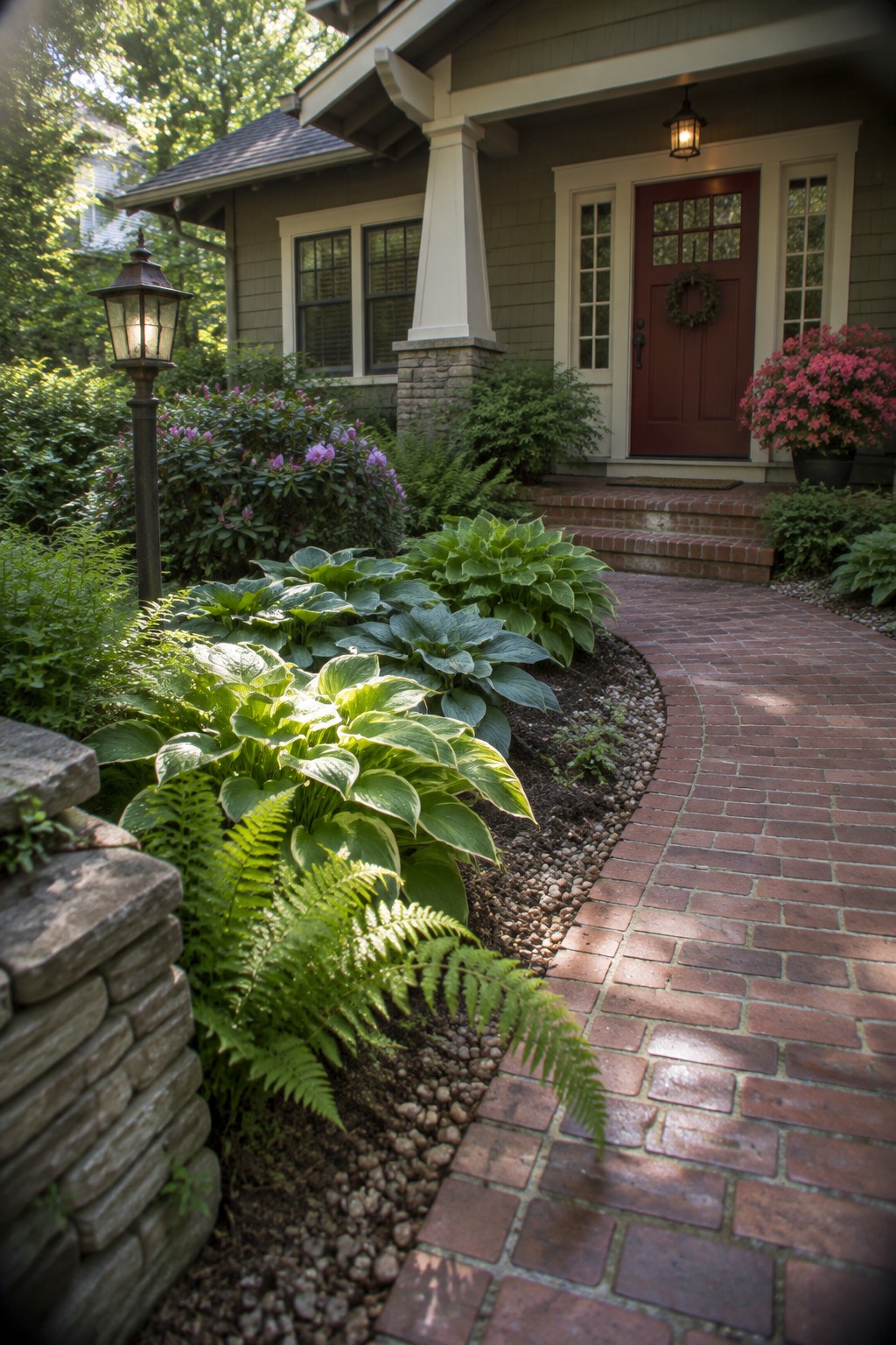 Lush garden with hostas and ferns along brick path to red door