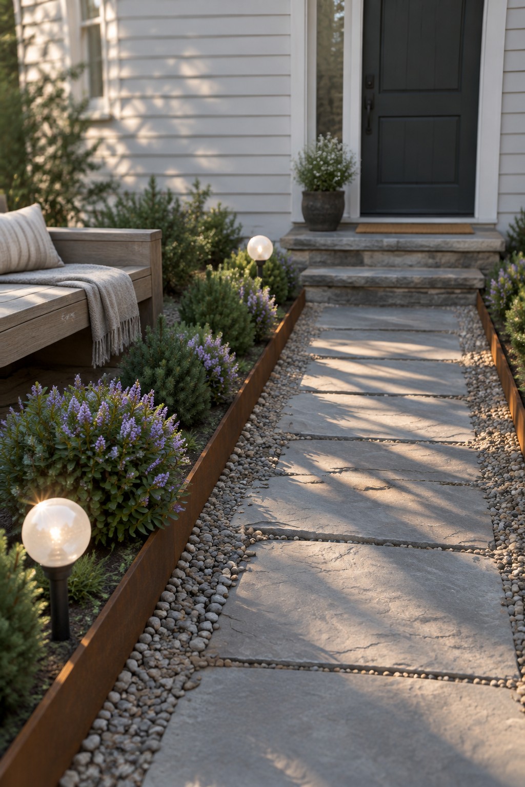 A front yard stone pathway lined with gravel and narrow planted beds edged in rusted metal.