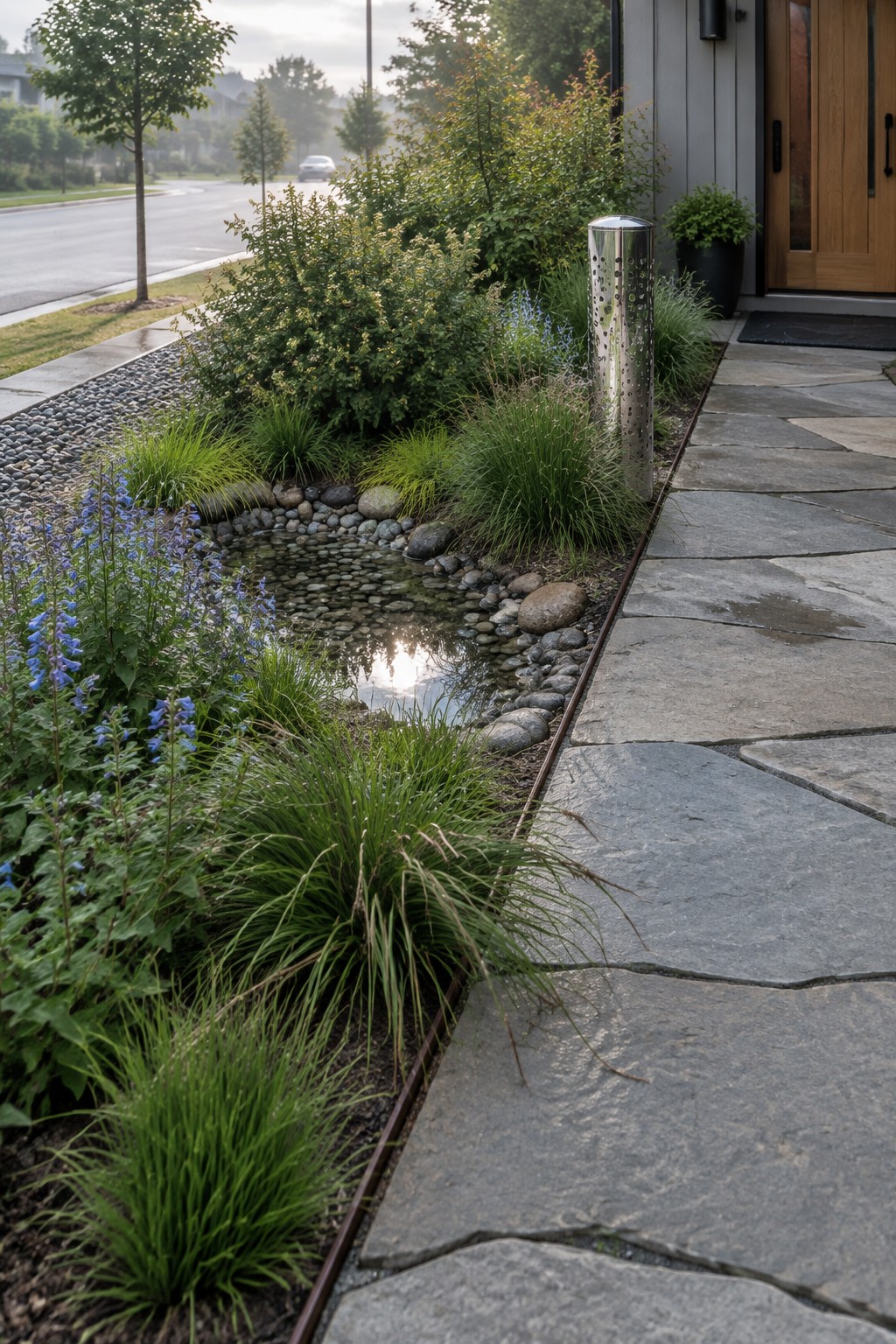A narrow garden bed with a small pond edged in river rocks runs beside a stone walkway leading to a front door.