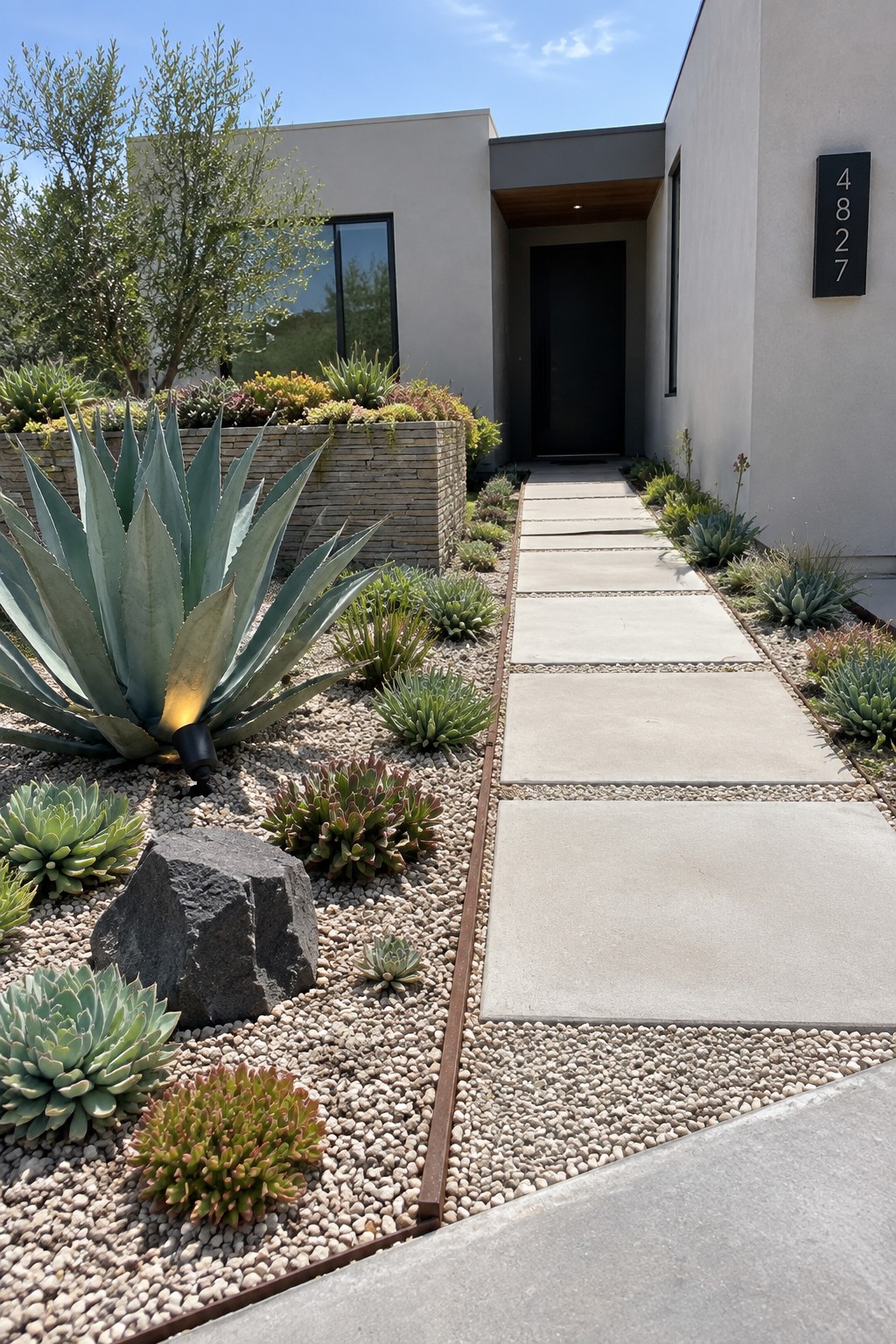 A straight concrete paver walkway bordered by narrow gravel beds with metal edging, planted with succulents and large agaves next to a modern house.