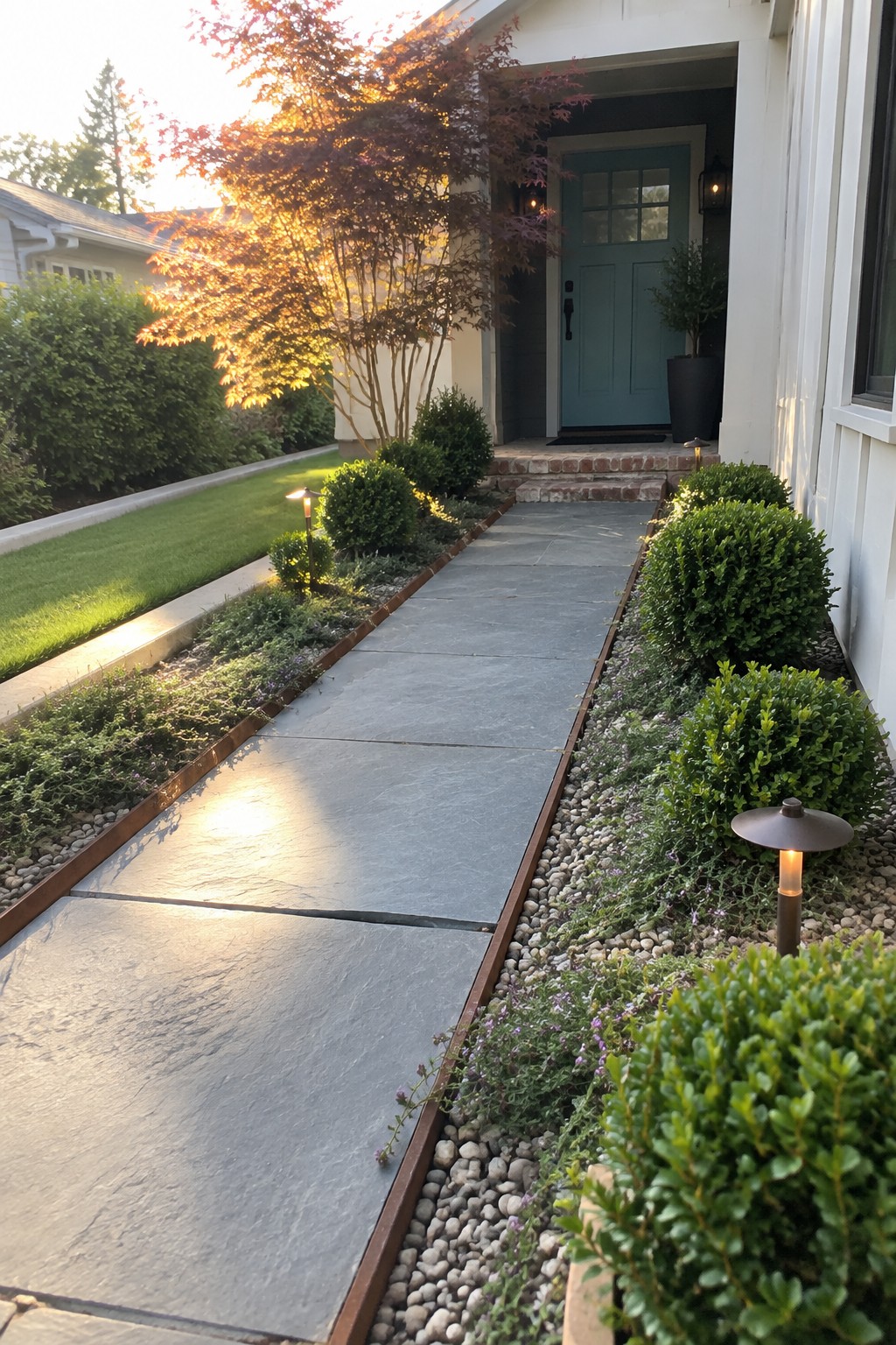 Stone walkway lined with shrubs, gravel beds and lights leads to teal door.