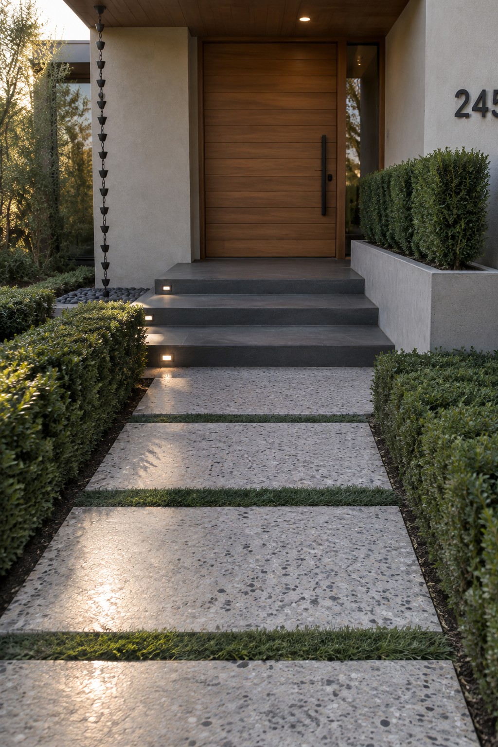 Modern entrance with wooden door, illuminated steps, and speckled stone path lined by hedges.