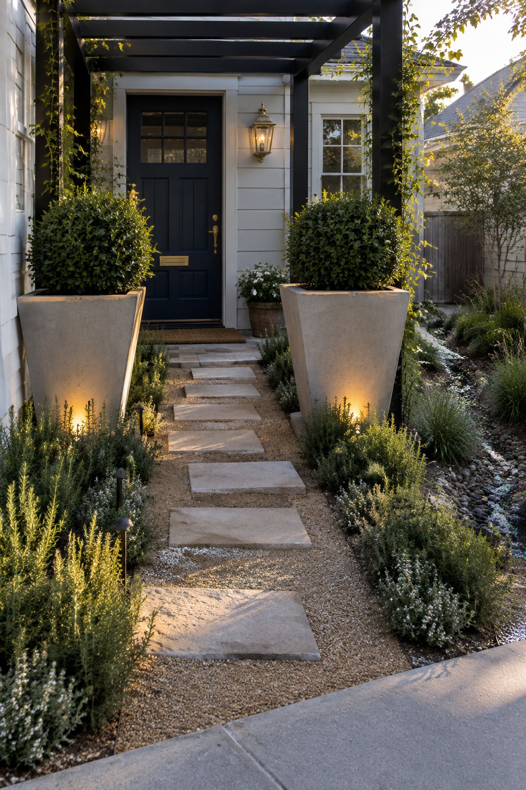 A front entry path of rectangular stone pavers set in gravel, lined with narrow planted beds and two large concrete planters holding shrubs.
